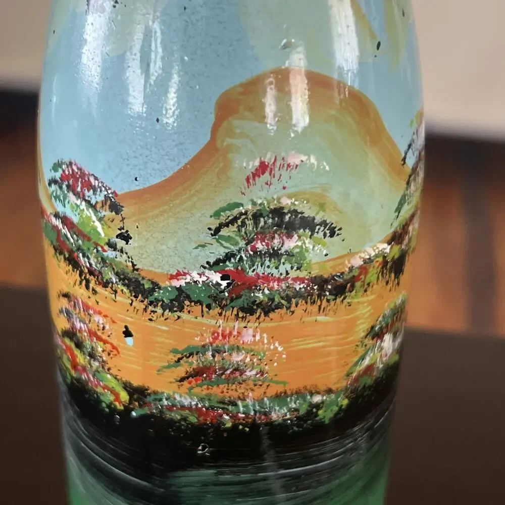 Hand Painted Glass Decorative Bottle Landscape Design Light Blue Green Bohemian